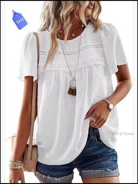 Crewneck Short Sleeve Chiffon Blouse Lace Hem Tunic